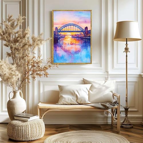 Framed Bridge Sunset Cityscape Canvas Print Modern Contemporary Wall Art Poster Painting Pictures Stunning Wall Decor for Living Room Bedroom Office Home Decoration (12L x16W,Gold Framed) - size: 12L"x16W"