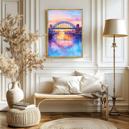 Framed Bridge Sunset Cityscape Canvas Print Modern Contemporary Wall Art Poster Painting Pictures Stunning Wall Decor for Living Room Bedroom Office Home Decoration (16L x24W,Gold Framed) - size: 16l"x24w"