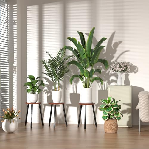 2-Pack Wood Plant Stands Indoor, 16.7" Tall Plant Stand Outdoor Mid-Century Plant Stool, Single Plant Table Modern Small Round Side/End Table for Living Room, Balcony, Office(Brown) - color: Brown Tray with Black Legs-2Pack
