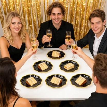 AimFun 48 Pcs Graduation Black and Gold Scalloped Paper Plates 7 Inch Disposable Dessert Plates with Gold Foil Elegant Cake Plate for Wedding Birthday Baby Shower Party Supplies - color: Black