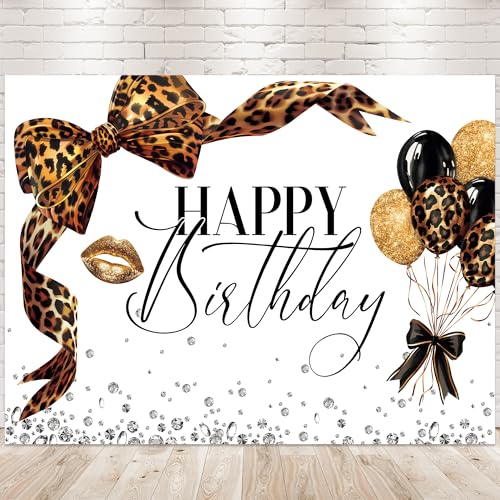 Newsely Leopard Print Bow Backdrop 8Wx6H Photography Brown White Gold Beauty Modern Bowknot Balloons Diamond Bownot Background Fashion Girly Party Decorations Banner Photo Booth Props Supplies - color: B-leopard bow, size: 8Wx6H