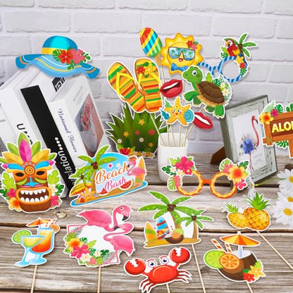 Konsait 42 PCS Hawaiian Photo Booth Props Luau Party Decorations, Summer Photo Booth Props Tropical Picture Prop Hawaiian Party Decor Aloha Backdrop Prop