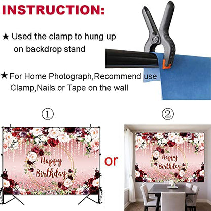 Sensfun Floral Happy Birthday Backdrop Burgundy Flowers Rose Gold Glitter Bokeh Spots Photo Background Vinyl Women Birthday Party Cake Table Decorations Photoshoot Banner (8x6ft) - size: 8x6ft