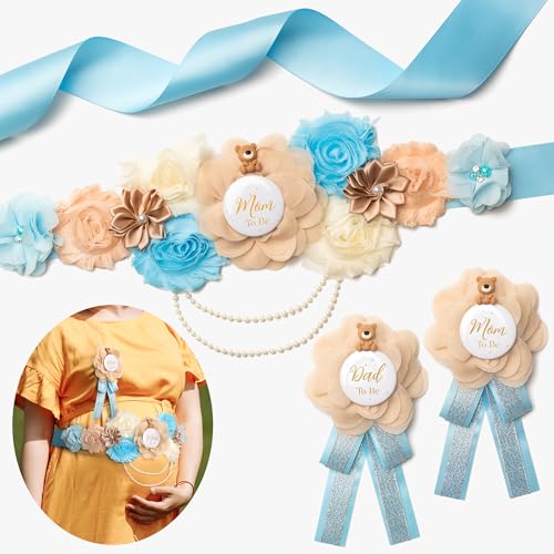 Baby Shower Sash Decorations Mom to Be Corsage Gift Dad to Be Pin 3Pack Set Blue Flower Belt for Maternity Dress - Gender Reveal Pregnancy Photo Props - color: Blue Kakhi-Teddy Bear