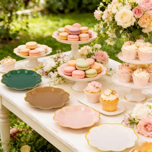 AimFun 48Pcs Woodland Scalloped Party Plates 7 Inch Sage Green Brown Disposable Dessert Plates Gold Foil Border Paper Plates for Birthday Baby Shower Wedding Forest Themed Party Supplies - color: Sage Brown