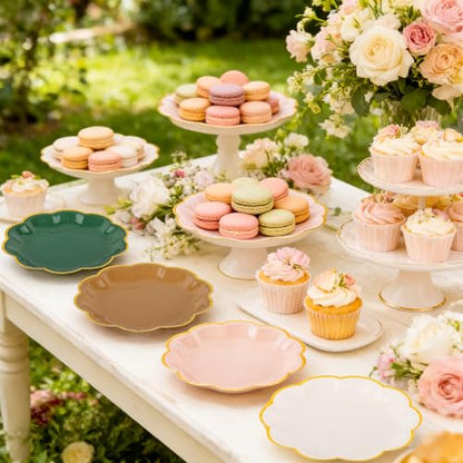AimFun 48Pcs Woodland Scalloped Party Plates 7 Inch Sage Green Brown Disposable Dessert Plates Gold Foil Border Paper Plates for Birthday Baby Shower Wedding Forest Themed Party Supplies - color: Sage Brown