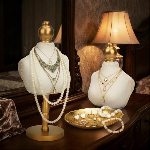 Starry 2Pcs Velvet Necklace Display Stand and 1Pcs leaf-shaped tray Vintage Jewelry Necklace Bust Holder Elegant White Jewelry Mannequin Display Decor for Women Home Selling Trade Shows