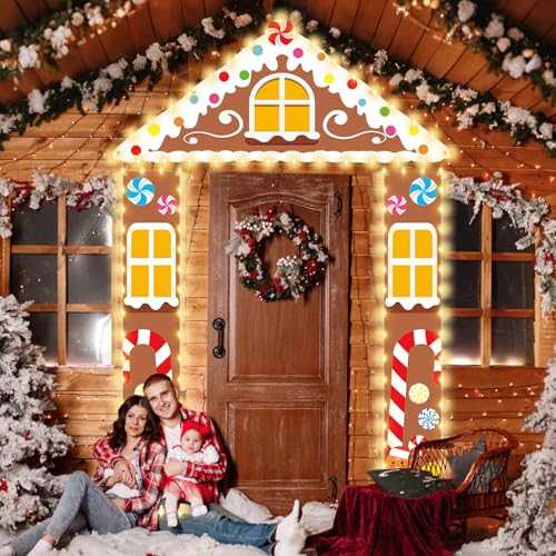 Christmas Gingerbread Party Porch Banner Classroom Christmas Party Door Decor Gingerbread Man House Door Cover with LED Light Xmas Porch Signs Winter Hanging Backdrop for Holiday Photo Prop Supplies