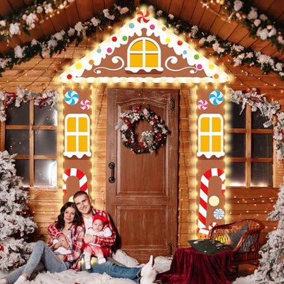 Christmas Gingerbread Party Porch Banner Classroom Christmas Party Door Decor Gingerbread Man House Door Cover with LED Light Xmas Porch Signs Winter Hanging Backdrop for Holiday Photo Prop Supplies