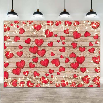 HQM 8X6FT Vintage Rustic Wood Glitter Glow Red Love Heart Valentine's Day Theme Photography Backdrop Wedding Anniversary Bridal Shower Mother's Day Photo Background Couple Studio Shoot Props Supplies - size: 8X6 FT