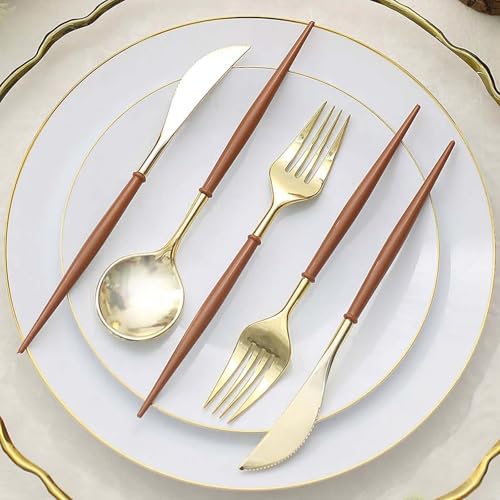 Efavormart 24-Pack 8" Gold and Brown Disposable Plastic Silverware; Organic Dual-Tone Heavy-Duty Cutlery for Rustic Farmhouse Weddings, Harvest Dinners and Outdoor Themes - color: Brown, size: 8"