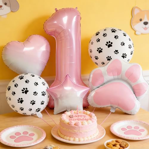 1st Birthday Dog Paw Balloons Set,18'' Paw Prints, Heart,Star,Paw Shaped Foil Balloon 40 Inch Pink Number 1 Helium balloons for Puppy Themed Baby Shower First Birthday Party Decorations Supplies 6PCS - color: Pink-1