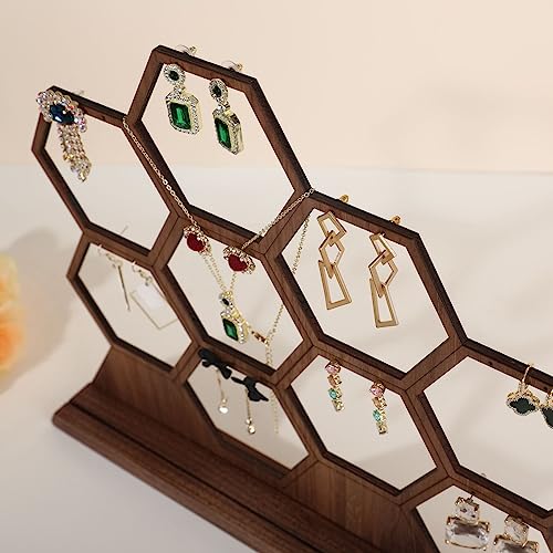 hexagonal jewelry earring display stands for selling, wooden necklace jewelry organizer hanging, walnut earring hanger dangle holder for show, home decor【Jewelry shelf-Hexagon】