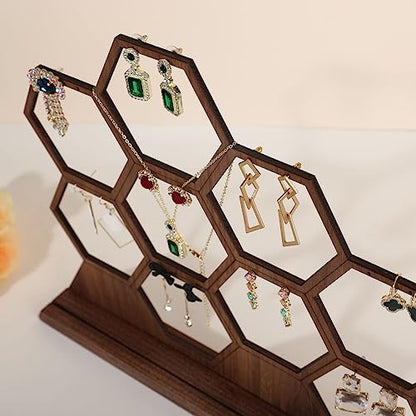 hexagonal jewelry earring display stands for selling, wooden necklace jewelry organizer hanging, walnut earring hanger dangle holder for show, home decor【Jewelry shelf-Hexagon】