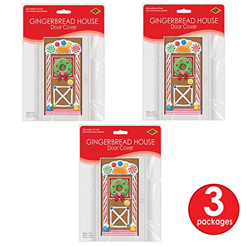 Beistle Gingerbread House Door Covers, 5’ x 30”, 3 Pieces – Magical Festive Winter Holiday Decor - Plastic for Indoor and Outdoor Use - Easily Display - Vibrant Candy Theme Christmas Decorations - style: Gingerbread House - 3 Piece