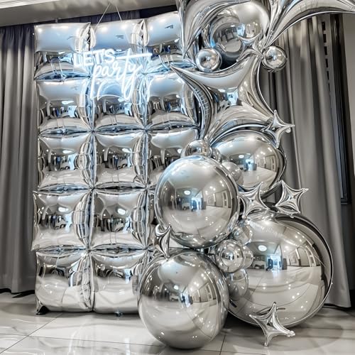 Silver Square Foil Balloon Wall,25Pcs Silver Balloons Backdrop Helium Balloon Tunnel Arch Garland Kit for Birthday Bridal Anniversary Baby Shower Party Decorations - style: Silver