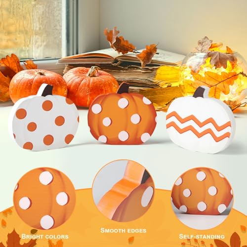 COCHIE Fall Pumpkin Decorations for Home Indoor, Thanksgiving Table Decor, Harvest Tabletop Decoration, Wooden Pumpkins Signs Block for Tiered Tray Party Shelf Display Set of 3 - style: Pumpkin
