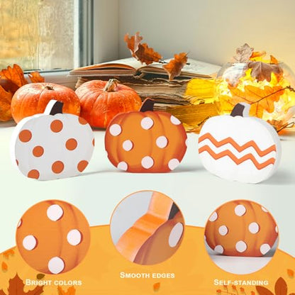COCHIE Fall Pumpkin Decorations for Home Indoor, Thanksgiving Table Decor, Harvest Tabletop Decoration, Wooden Pumpkins Signs Block for Tiered Tray Party Shelf Display Set of 3 - style: Pumpkin