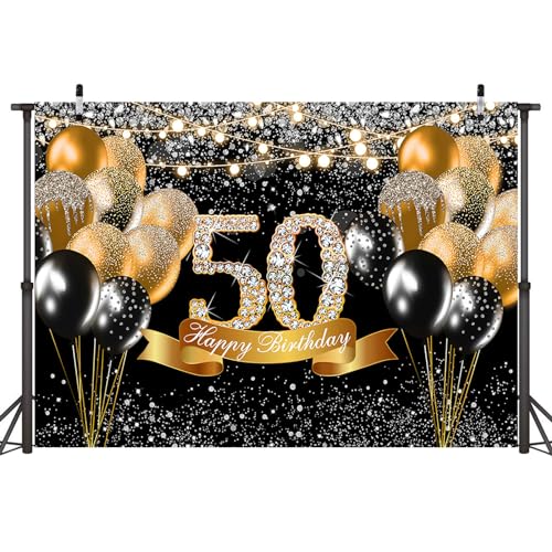Sensfun 50th Birthday Backdrop Black and Gold Birthday Party Decorations Glitter Balloons Photography Background for Women Men Happy Fabulous 50 Bday Supplies Fifty Years Old Photo Booth Banner 7x5ft - color: Black and Gold Diamond 50 Birthday, size: 7X5f