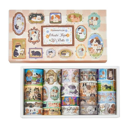 Cat Dog Washi Tape Set 20 Rolls, Cute Decorative Masking Tape for Junk Journal and Scrapbooking, DIY Crafting Supplies - style: Cat & Dog