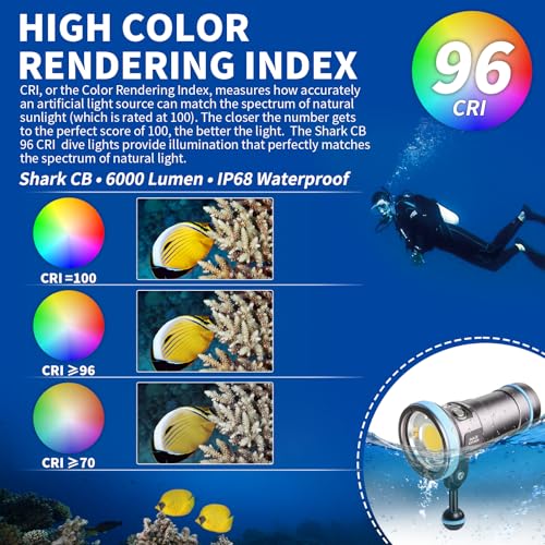 Shark CB 6000 Lumen Dive Light for Underwater Photography, 120m Underwater Video Light 96 CRI with 120 Degree Wide Beam Angle Scuba Flashlight for Professional Dive Photography Fill Light - size: Shark CB