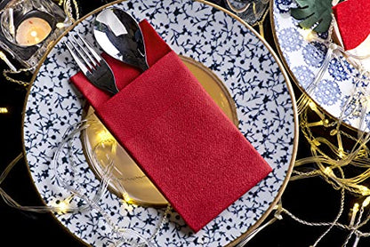 Moyes Home Red Disposable Dinner Napkins with Pocket - Linen-Feel Pre-Folded Cloth-Like Paper Napkins for Silverware, Weddings, Dinner Parties, 16x16 in, Pack of 50 - color: Red