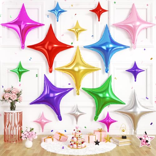 Colorful Star Balloons, 16 PCS Multicolor Four Angle Star Foil Balloons, 26 Inch and 10 Inch Stars Shaped Balloon for Graduation Birthday Baby Shower Anniversary Engagement Wedding Party Decorations - color: Colorful