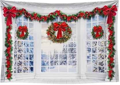 7x5Ft Christmas Window Backdrop for Photography Holy Garland String Lights Santa Claus Background Winter Snow Scene Merry Christmas Photo Backdrop Studio Props Banner - size: 7X5Ft
