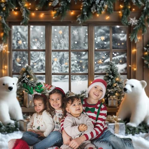 AIBIIN 8x6ft Winter Christmas Backdrop Window Snowy Xmas Pine Trees Forest View Photography Background Winter Christmas Cute Bear Gift Photo Backdrop - color: Bear, size: 8x6ft