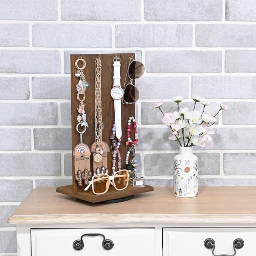 Ikee Design Wooden Rotating Two-Sided Jewelry Display Stand, Rotating Organizer with 32 Hooks for Store, Earring Keychain Display with Hooks, Brown color, 9 W x 7.5 D x 16.5 H in - color: Brown, 1 Piece, Standard Hook