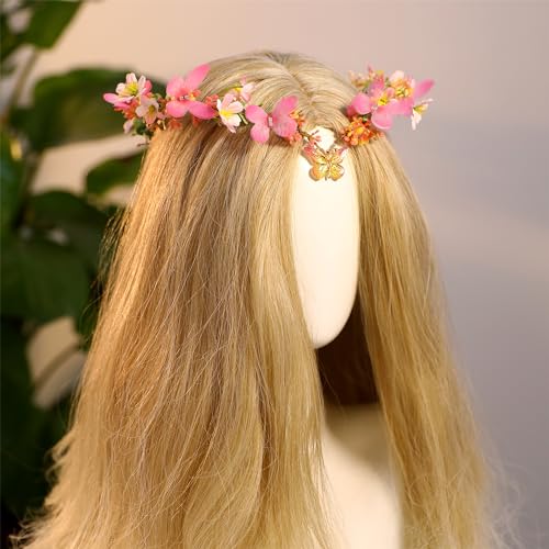 MOSTORY Handmade Fairy Butterfly Crown - Elf Flower Hadpiece Elven Headband for Women s Spring Wedding Maternity Shoot - color: Pink-red