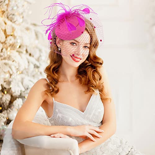 Fascinators Hats with Gloves Set for Women 20s 50s Cocktail Tea Party Wedding Costume Headwear - color: E-hot Pink