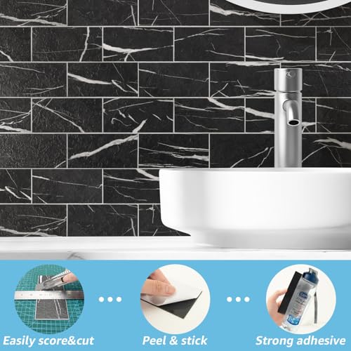 Art3d 102-Piece Faux Stone Peel and Stick Backsplash Tile, Waterproof Thick PVC Stick On Subway Wall Tile for Kitchen Bathroom Laundry Room Fireplace - 3" x 6" Black Marble - color: Black Marble