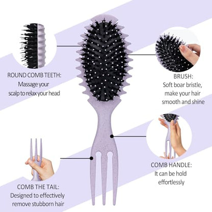 Curly Hair Boar Bristle Curl Defining Brush for Curl Wave Straight Hair, Unique Trident Handle Design Defineing Brush for Wet Dry HairsStyling Massage Hairbrush Hairs Pick Comb Purple - color: curl brush-purple-1pc