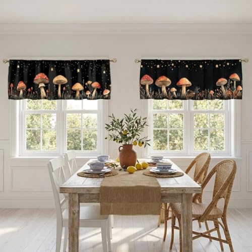 Mushroom Curtain, Two-Pack, Moon Enchanted Forest Starry Night,Applicable to Bathroom, Bedroom, 54x18 inches. - color: Mushroom