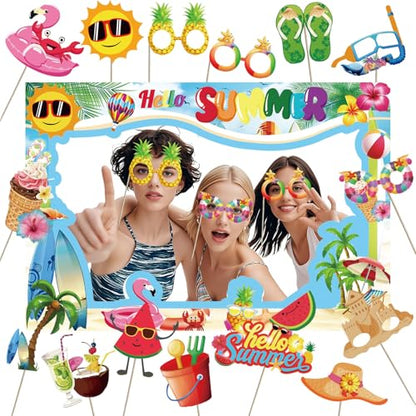 Hello Summer Photo Booth Props - Hello Summer Party Decorations for Tropical Hawaiian Theme Summer Beach Party Photo Booth Props