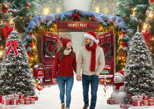 8x6ft Fabric Christmas Backdrop Winter Forest Wooden Barn Door North Pole Snowy Xmas Tree Photography Background Family Holiday Party Decor Photo Props 346 - size: 8x6ft