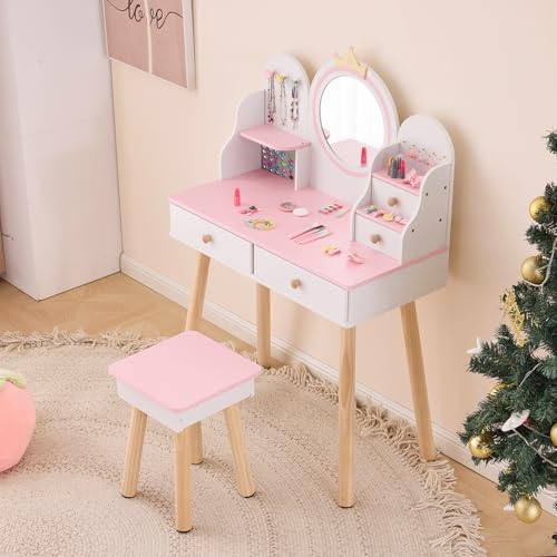 Kids Vanity Set with Jewelry Organizer for Princess, Girls Vanity Table and Chair Set with Drawers & Necklace Hooks, Toddler Makeup Dressing Table with Open Shelves, White
