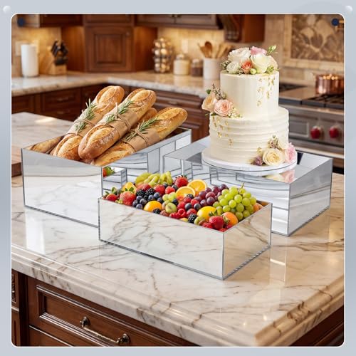 3 Pack Extra Large Acrylic Risers - 15”, 14”, 13” Silver Display Stands with Hollow Bottoms, Cube Buffet Riser Boxes Nesting for Dessert Food Catering Buffet Display Party Supplies - color: Silver, size: 15”,14”,13”