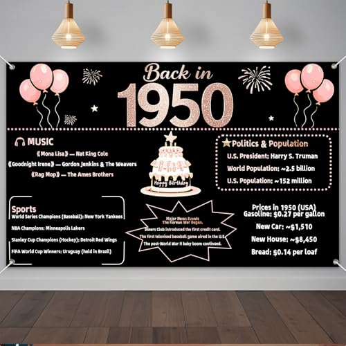 IVN Happy Birthday Decorations Banner 71x43 Inch Backdrop Vintage Rose Gold 1950 Theme Timeline Birthday Poster Sign for Men Women Kids - color: Back in 1950