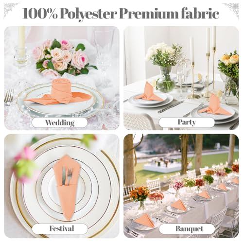 PLOYMONO Peach Heavy Duty Cloth Napkins - 17 x 17 Inch Solid Washable Polyester Dinner Napkins - Set of 8 Napkins with Hemmed Edges - Great for Weddings, Parties, Banquets Dinner & More - color: Peach
