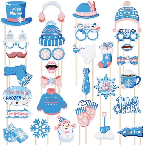 30PCS Snowflake Photo Booth Props - Snowflake Games for Party Supplies, Winter Photo Booth Props, Holiday and Winter Wonderland for Christmas Party Decoration