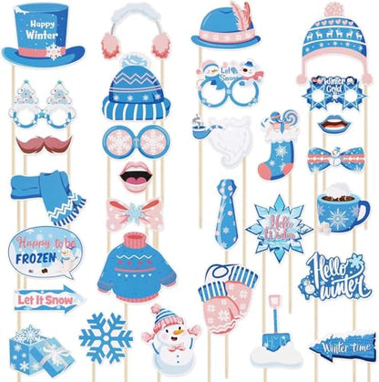 30PCS Snowflake Photo Booth Props - Snowflake Games for Party Supplies, Winter Photo Booth Props, Holiday and Winter Wonderland for Christmas Party Decoration