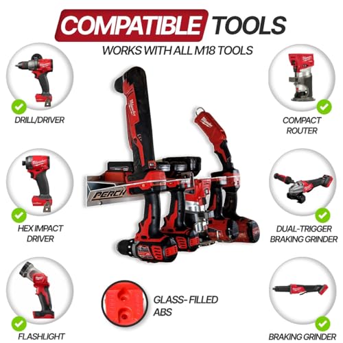 PERCH Tool Holder Rack for Milwaukee M18 18v | Securely Mounts 5 Cordless Tools | Universal Mounting | Most Durable Cordless Tool Organizer