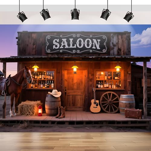 Western Cowboy Bar Backdrop 7X5FT, Wild West Vintage Bar Photography Background, Rustic Saloon Party Banner Decor Props Decoration - color: Wild West Bar, size: 7×5ft