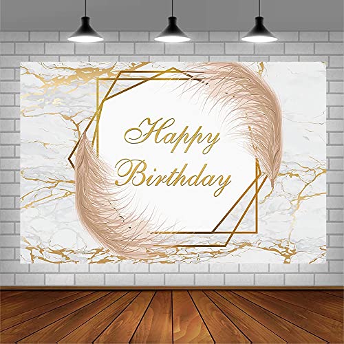 AIBIIN 7x5ft White and Gold Marble Birthday Backdrop Boho Fluid Happy Birthday Photography Background for Men Women 30th 40th 50th 60th 70th Bday Party Banner Decorations Photo Shoot Studio Props