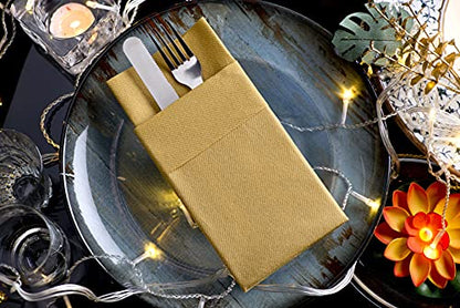 Moyes Home Gold Disposable Dinner Napkins with Pocket - Linen-Feel Pre-Folded Cloth-Like Paper Napkins for Silverware, Weddings, Dinner Parties, 16x16 in, Pack of 50 - color: Gold