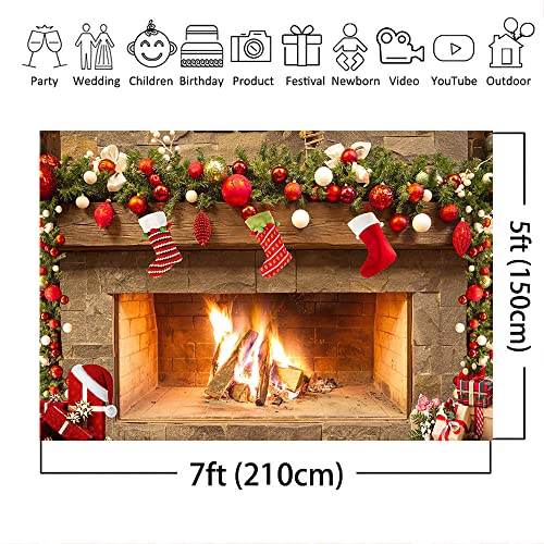 Mocsicka 7x5ft Fireplace Backdrop Christmas Fireplace Photography Background for Wall Winter Holiday Family Merry Christmas Eve Party Decorations Banner Portrait Photo Booth Props ﻿ - size: 7x5ft