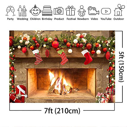 Mocsicka 7x5ft Fireplace Backdrop Christmas Fireplace Photography Background for Wall Winter Holiday Family Merry Christmas Eve Party Decorations Banner Portrait Photo Booth Props ﻿ - size: 7x5ft
