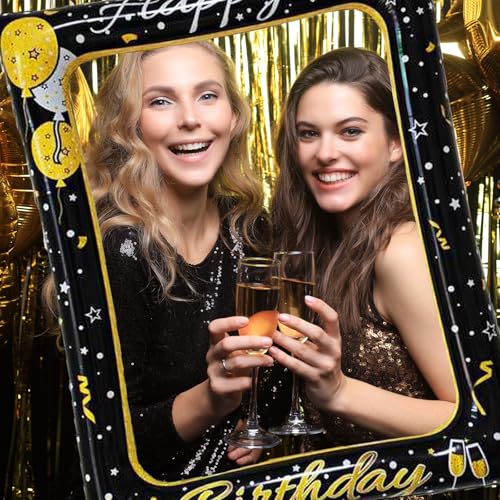 Birthday Photo Booth Props, Black Gold Inflatable Photo Booth Frame, 30PCS Photo Booth Props Cheer to 18 20 30 40 50 60 70 80 90 Years Old Decor Supplies for Men Women Boys Girls - size: All Age Birthday Inflatable Frame